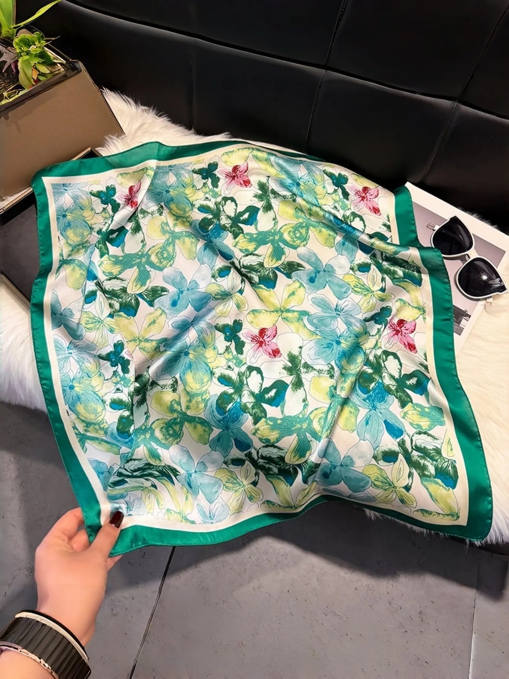 Silk-feel Floral Green Border Satin Scarf - 70*70cm